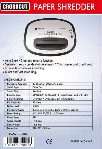 Atlas Cross cut shredder  4x44mm 240V 20sheet AS-S2-CC2040